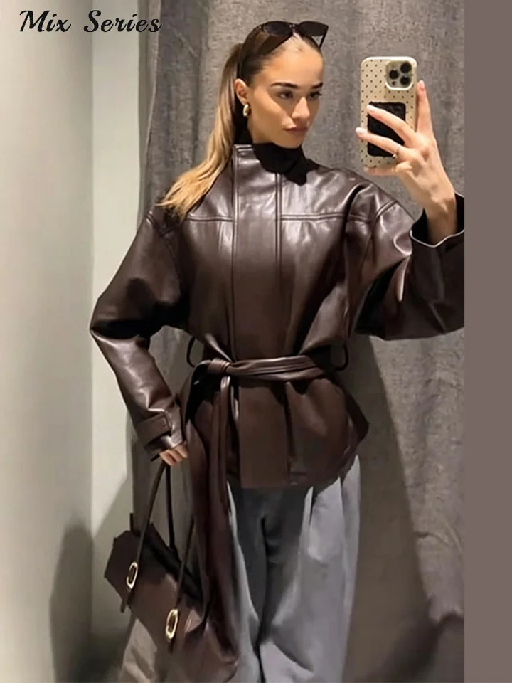 Fashion Solid Faux Leather Jackets Women's Stand Collar Full Sleeves Belted Jacket Autumn Lady Casual Streetwear 261016