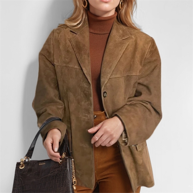 Vintage Brown Blazer Women Suede Leather Jacket Autumn Fashion Single Breasted Lapel Loose Coats Street Office Lady Outerwears 261016