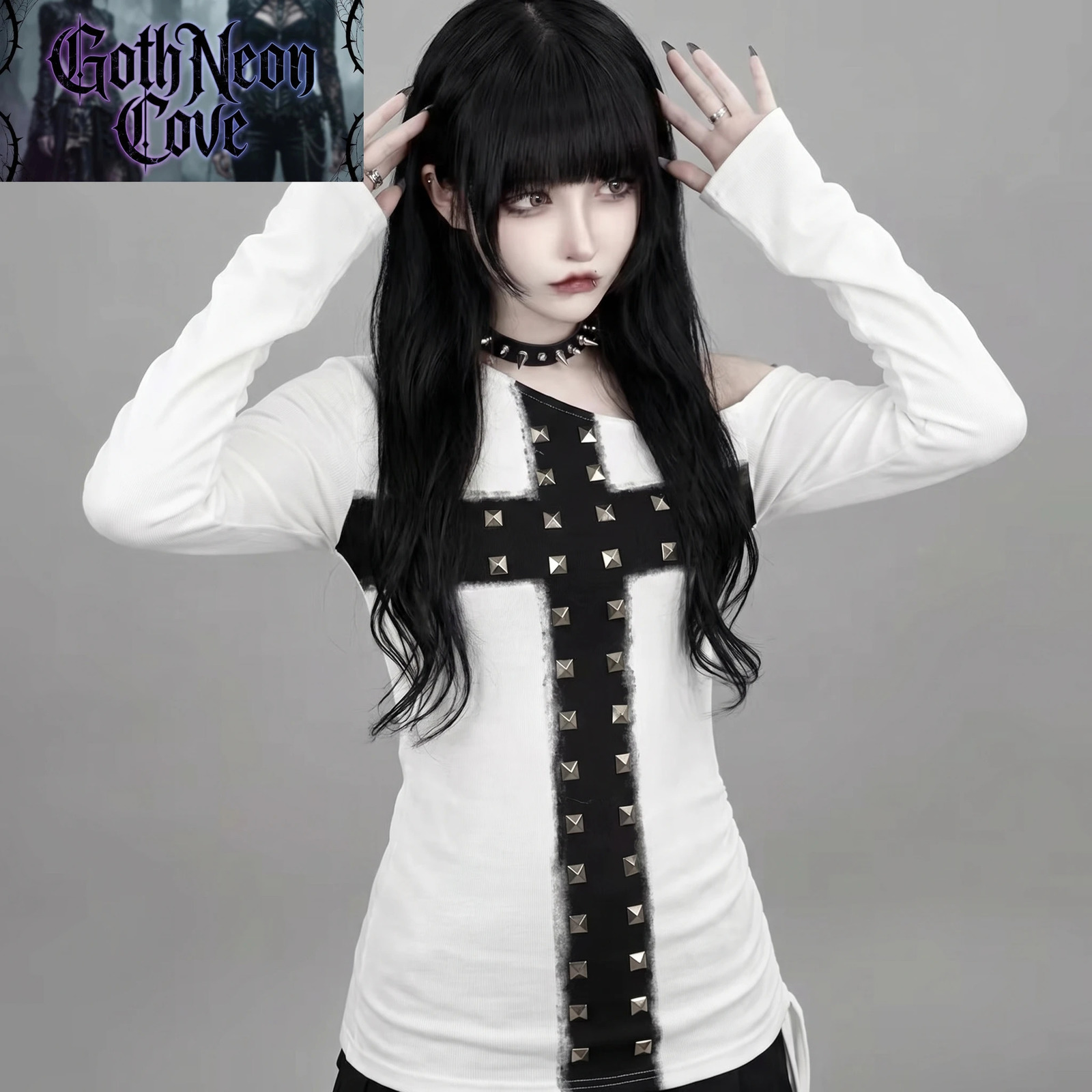 Summer American Goth Punk T Shirt Women One Shoulder Rivet Long Sleeve Stretchy Top Y2K Subculture Jirai Kei Shirt Street Style 261015