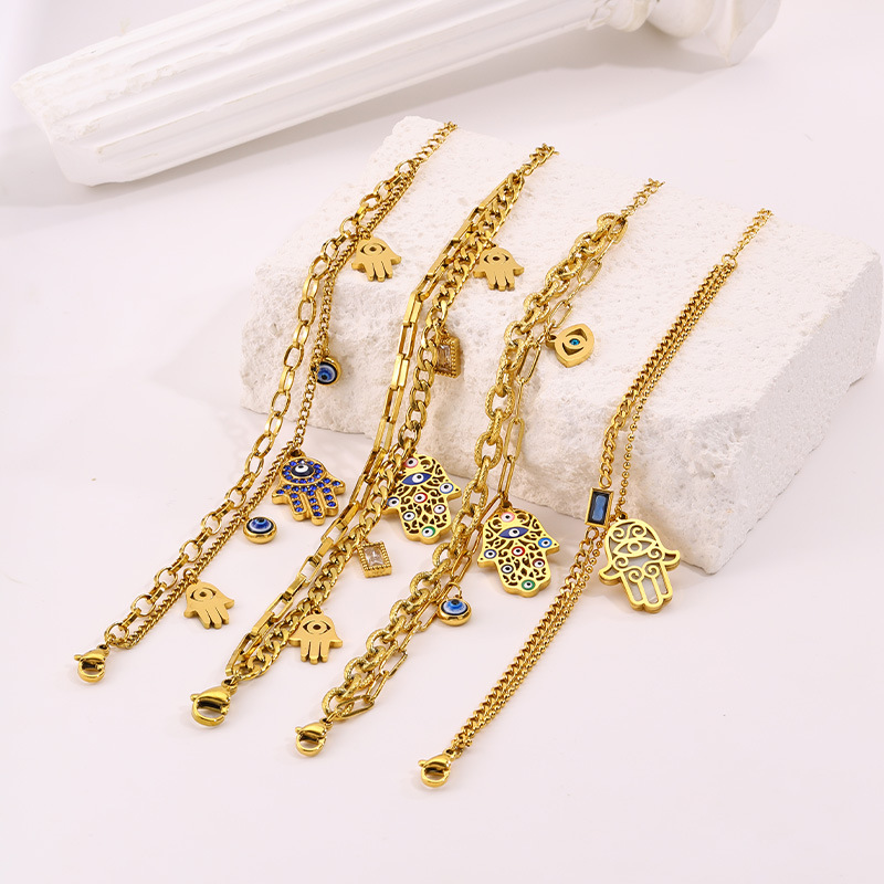 Golden Retro Greek-Style Bracelet, Non-Fading, Fashionable, Elegant, Featuring Double-Layered Design With A Demon Eye And Palm Motif, Made Of Titani