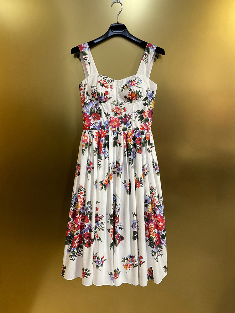 100% Cotton Classic Flower Printing Dresses Women Sexy Spaghetti Strap Sleeveless Party Runway High Street Vestidos Midi Lady Elegant