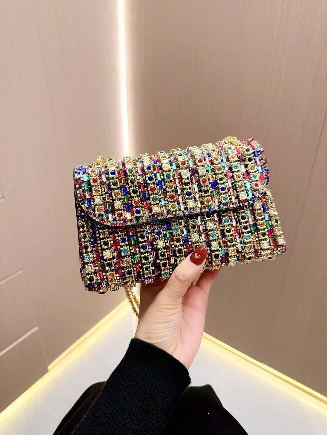 Evening Bags Full Rhinestone Women's Evening Clutch Bag Leather Chain Handbag Elegant Wedding Party Diamond Wallet Rectangular Purse H261016