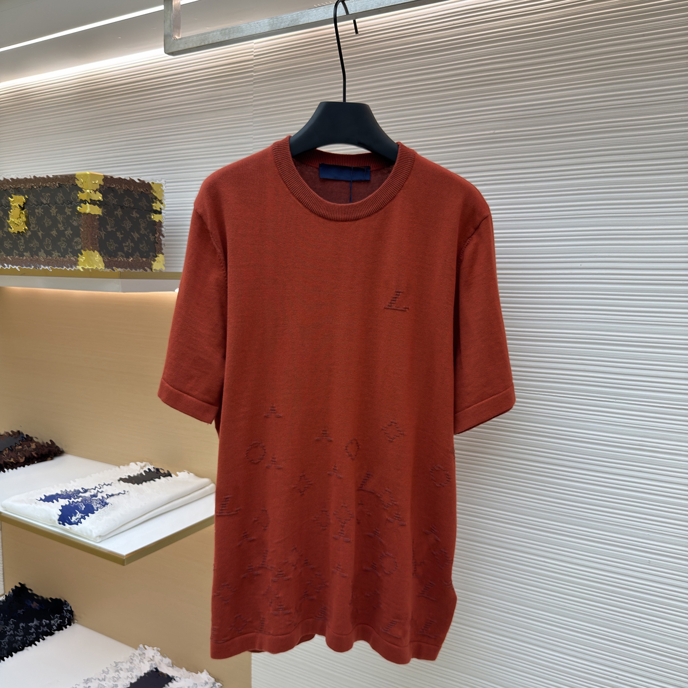 Designer brand clothing, high-quality men's brick red jacquard knitted short sleeves, round neck thin knitted tops, light luxury loose breathab