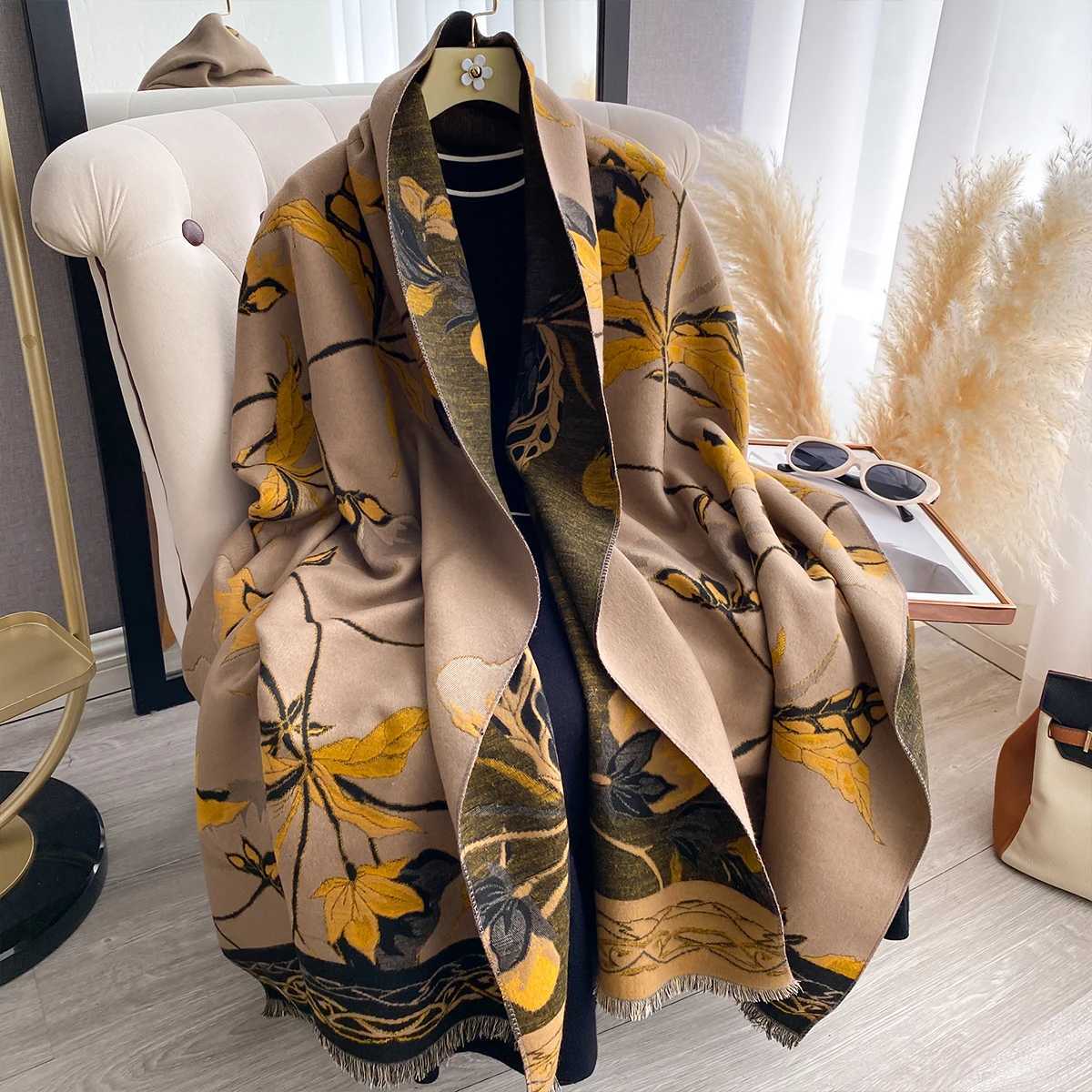 2025 New Women's Double-Sided Floral Print Faux Cashmere Scarf Soft Cozy Pashmina Shawl Autumn Winter Cold-Resistant Windproof S261017LFPC