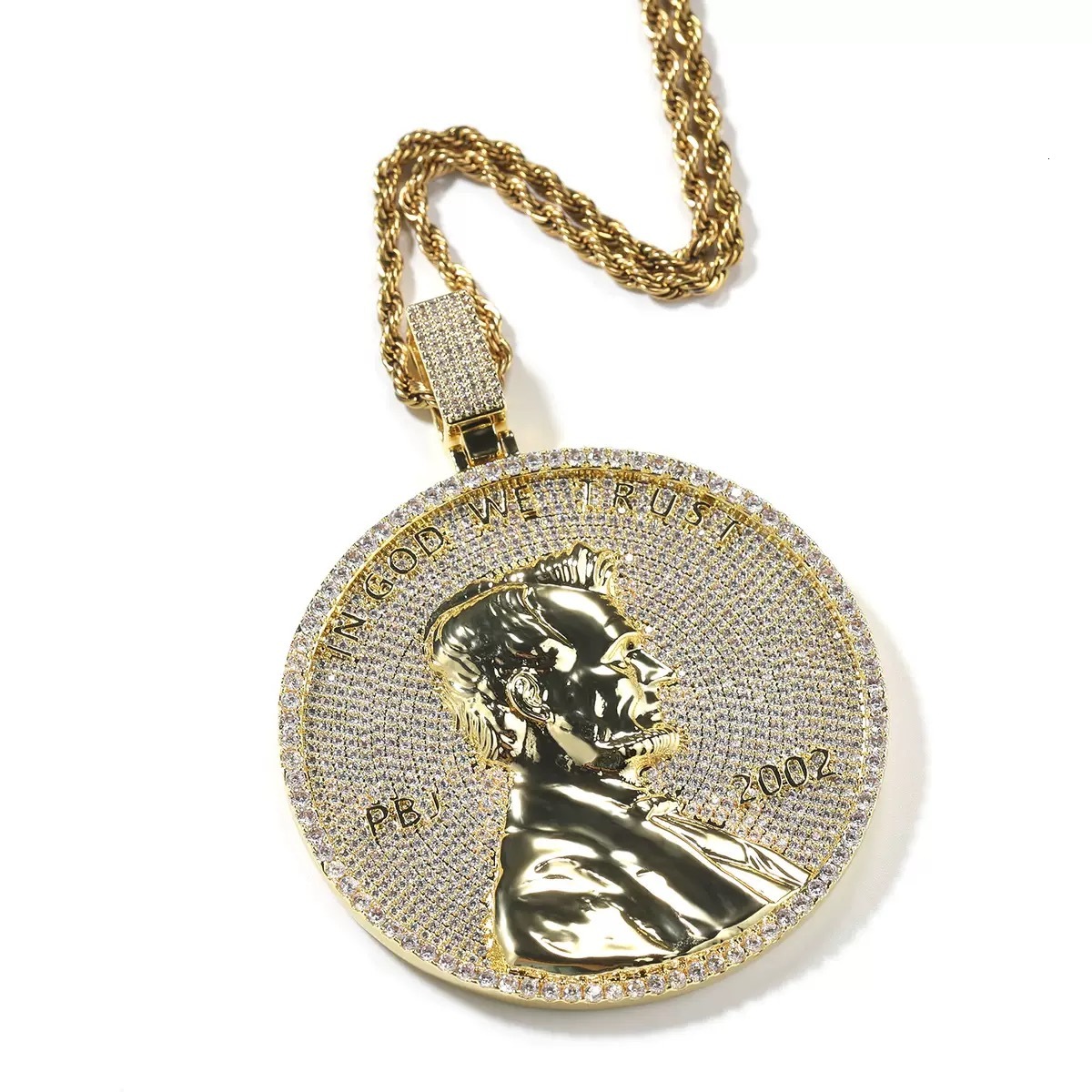 18K Gold Plated Iced Out Moissanite Lincoln Penny Coin Medallion Pendant, Hip Hop US Coin Round Charm Necklace Pendant for Men Wholesale