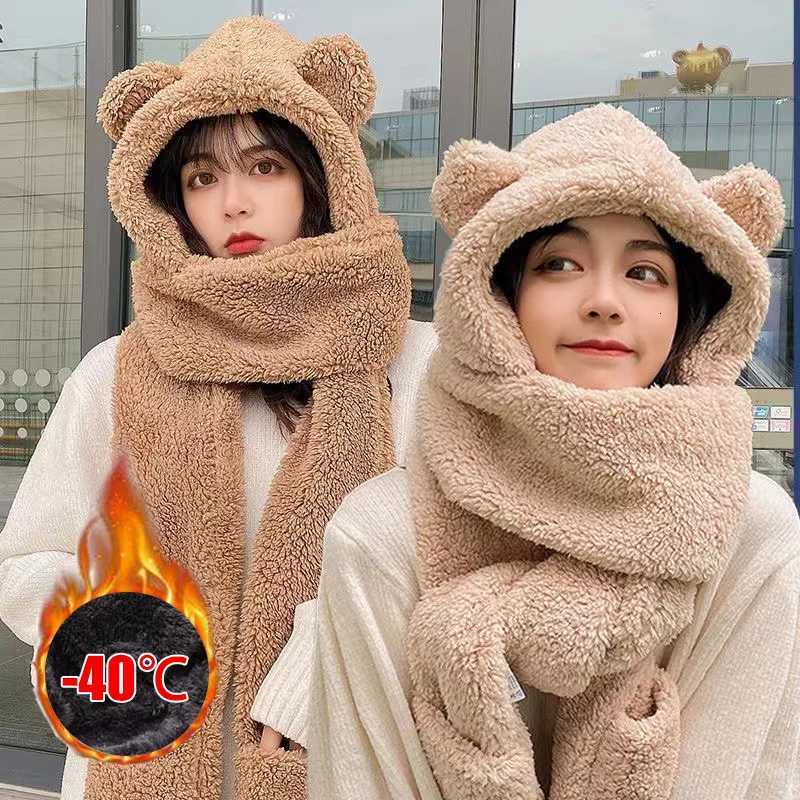 Beanie/Skull Caps 3in1 Winter Hooded Scarf Hat Gloves Set Women Plush Teddy Bear Warm Cute Earflap Cap Neck Warmer Mittens Cold Weather Accessory Q2