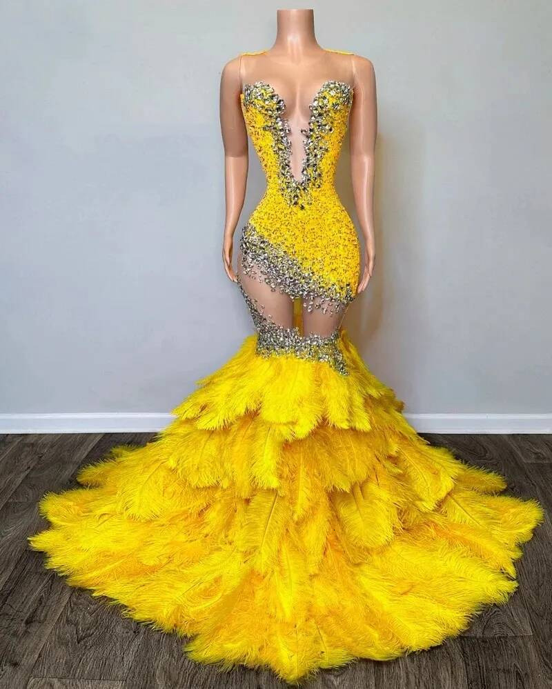 Bright Yellow Mermaid Feathers Prom Dresses With Beadings African Women Evening Party Gowns Sheer Neck Gala Dress