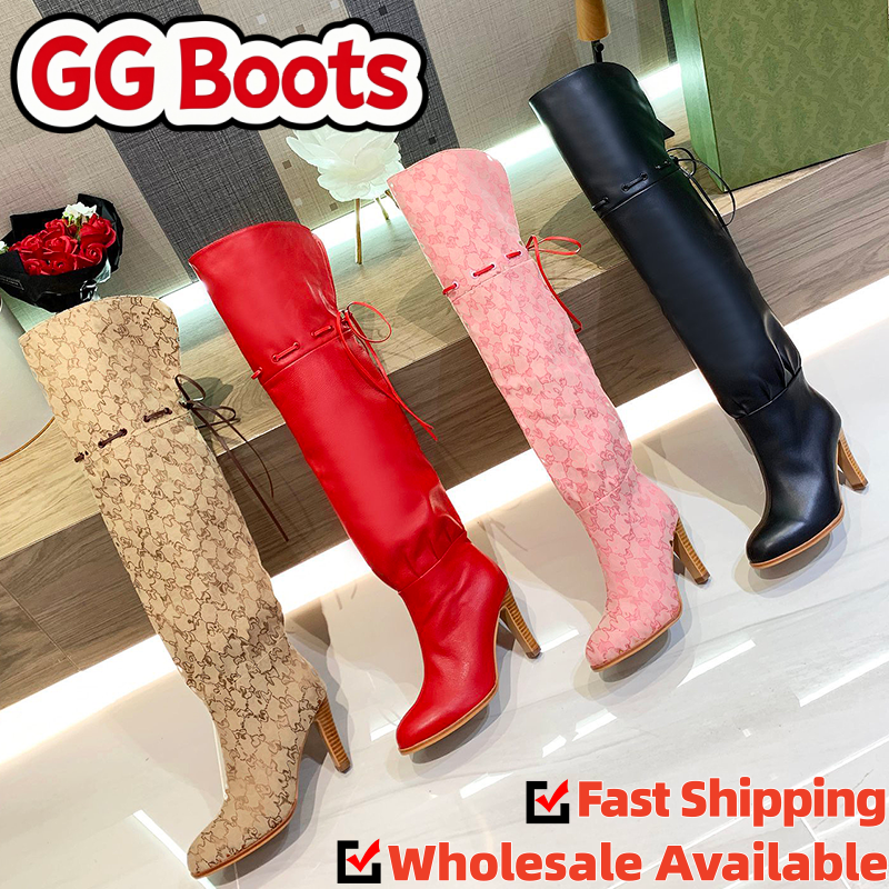2026 Designer Women Over The Knee Fashion Ankle G Boots Side Zipper Printed Canvas Winter Dress Shoes Classic High Boot Top Quality With Box NO318