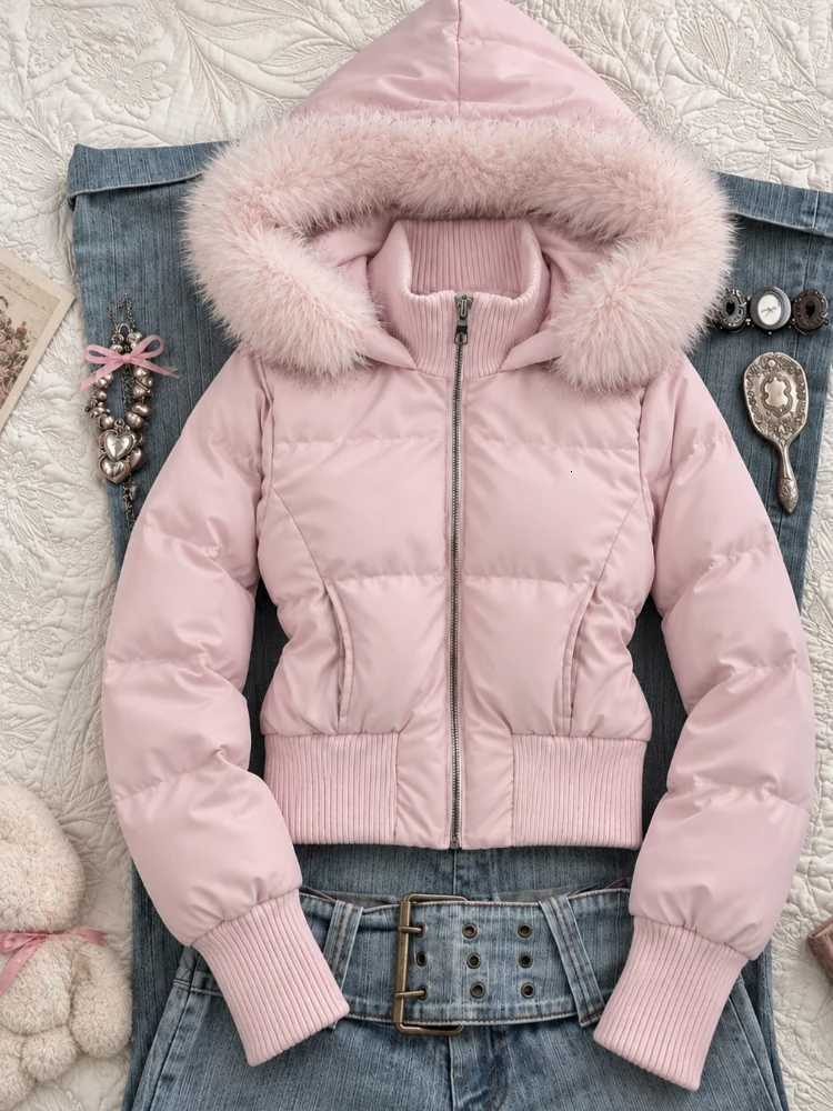 Women's Down Parkas American Vintage Cottonpadded Jacket Korean Fashion Women Faux Fur Collar Parkas Coats Y2K Harajuku Casual Outerwear TopsT2