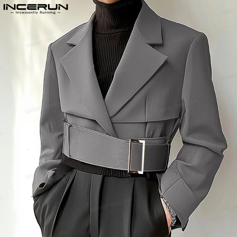 INCERUN Handsome Men's Tops Stylish Deconstruct Metal Buckle Suit Coat Casual Streetwear Male Cropped Long Sleeved Blazers 261015