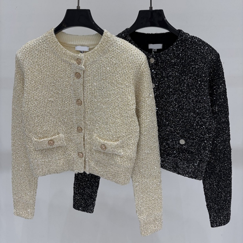 Women Simple Knitted Cardigan Luxury Chic Pads Cropped Gold Buttons Cardigans Autumn Dinner Party Elegant Casual Knitwear