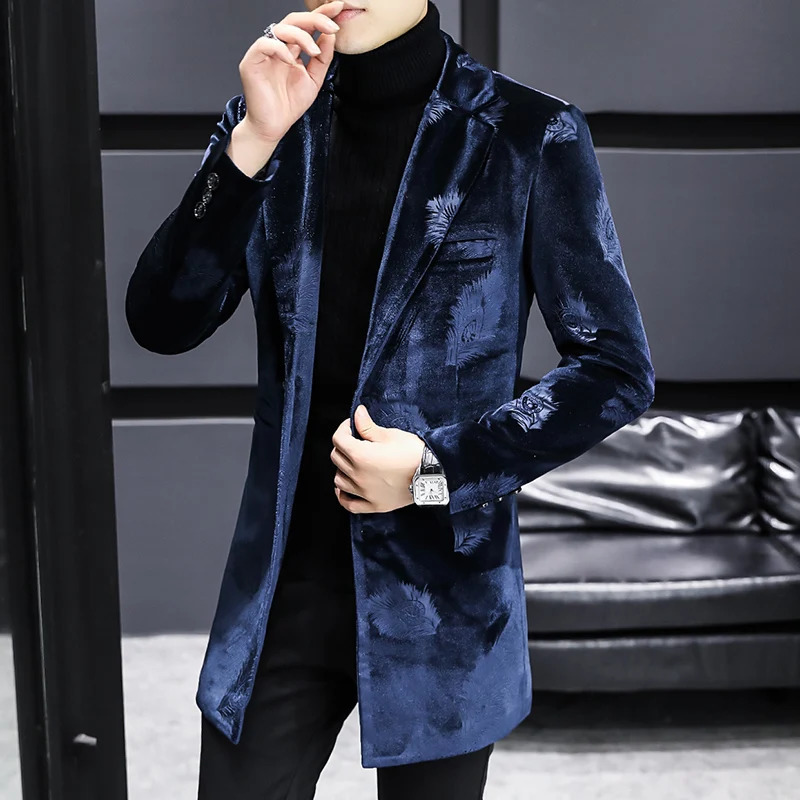 Winter Velvet Wool Blends Jacket Men Fashion Slim Long Casual Business Trench Windbreaker Social Streetwear Overcoat clothing 261015