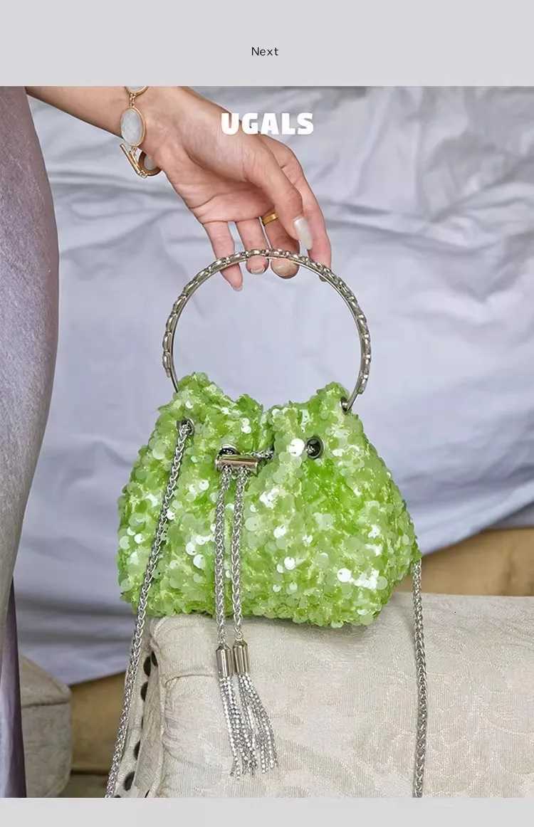 Evening Bags Designer Diamond Metal Ring Bucket Bag Women Handbag Glitter Sequins Exquisite Evening Bag Wedding Party Clutch Purse H261016