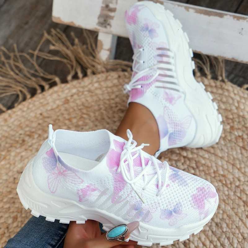 Casual Shoes 2025 New Women White Dad Shoes Butterfly Pattern Breathable Knit Mesh Light EVA Thick Sole Fashion Casual Sneakers H261016
