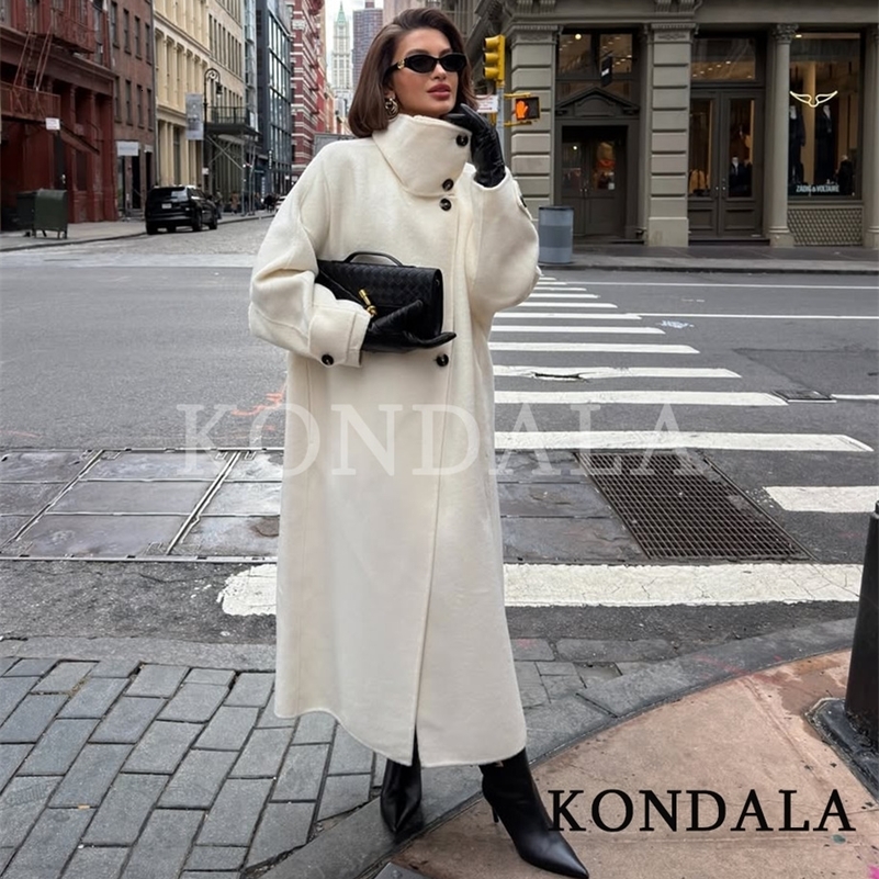 KONDALA Trendy Stand-up Collar Tweed Long Coat Women High Street Outwear Buttons Coat Fall Elegant Chic Coat 261016