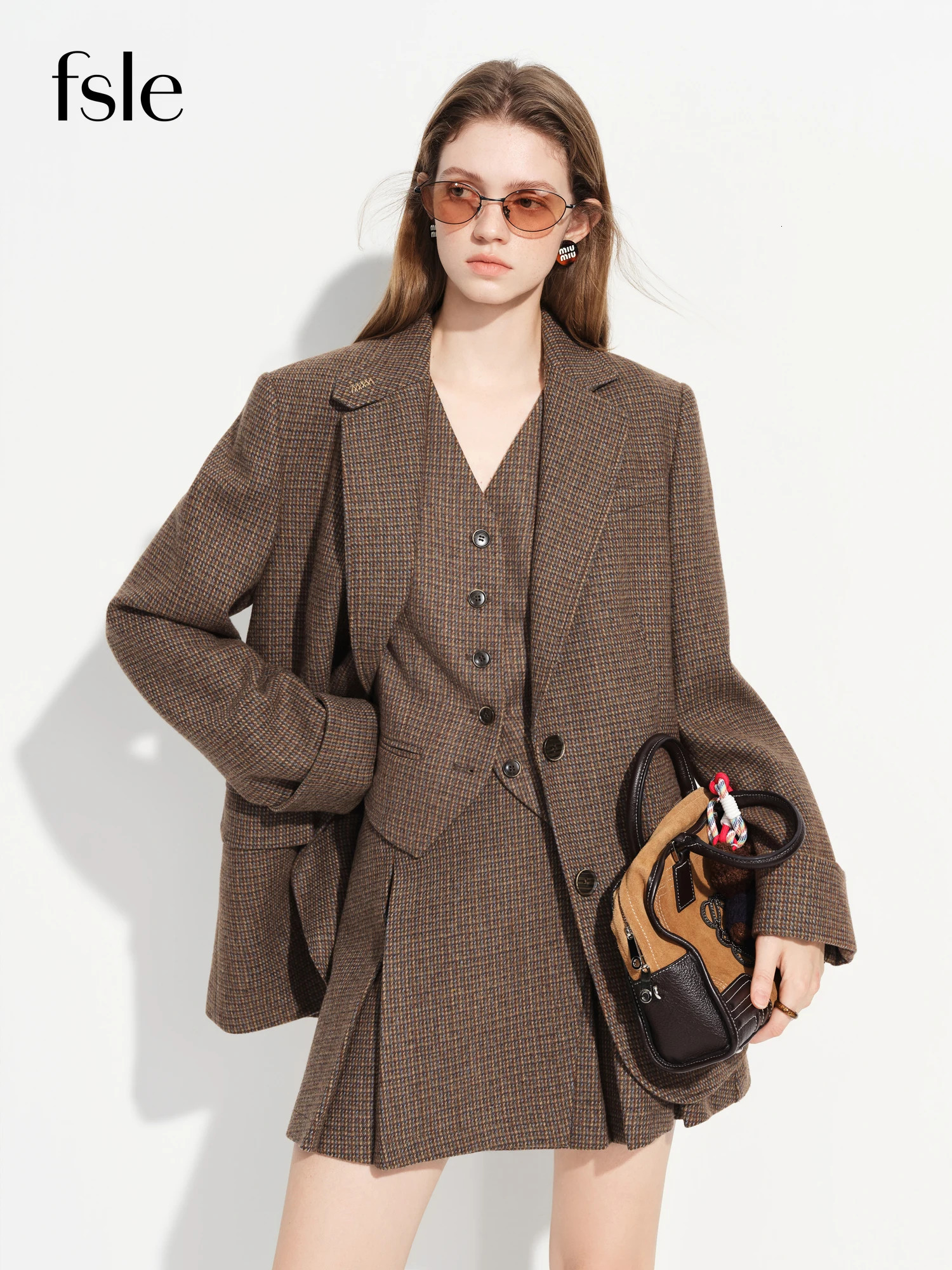 FSLEPremium Series Womens Brown Wool Checkered Suit Set Blazer Vest Skirt Three Piece Coord Vintage Office Chic Suiting 261016