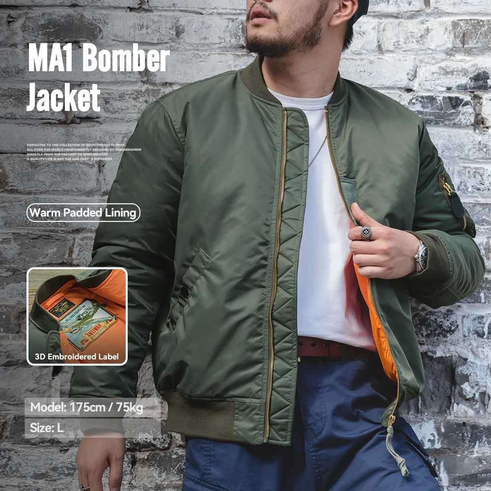 Maden Vintage MA1 Pilot Jacket Green Thickened Cotton-padded Jacket Casual Baseball Pockets Flight Zipper Outwear for Men's Fall S261017GXJI