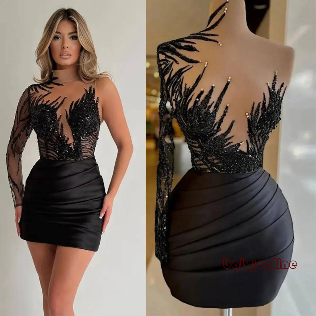 Aso Ebi Black Cocktail For Women Short Prom Dresses Illusion High Neck Long Sleeves Homecoming Crystal Pearls Pleated Beaded Lace Birthday Dress C07
