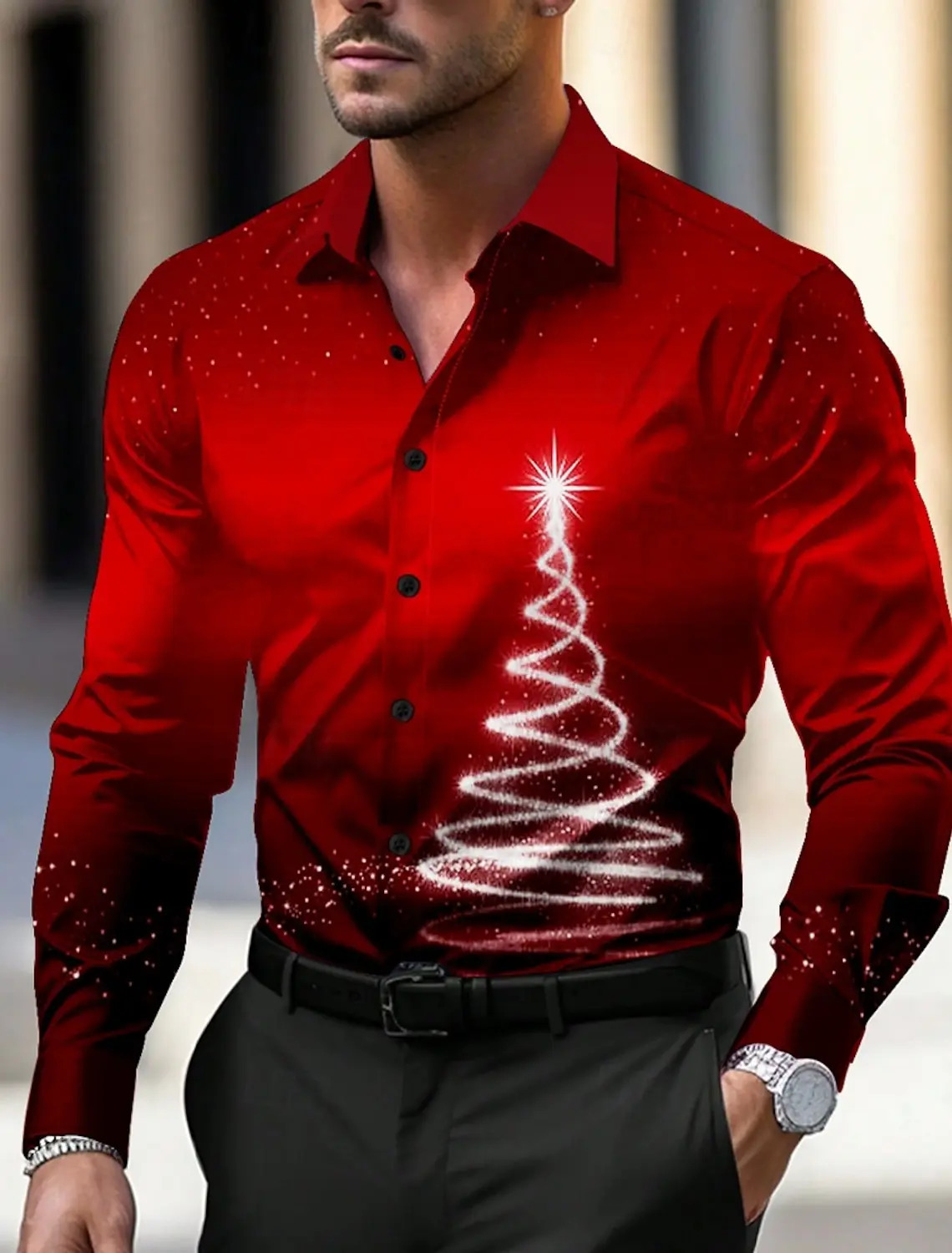 Christmas Theme Men's Christmas Trees Printed Shirts Snowflake Gradient Graphics Button Up Long Sleeve Shirts Fashion Tops Thin 261015