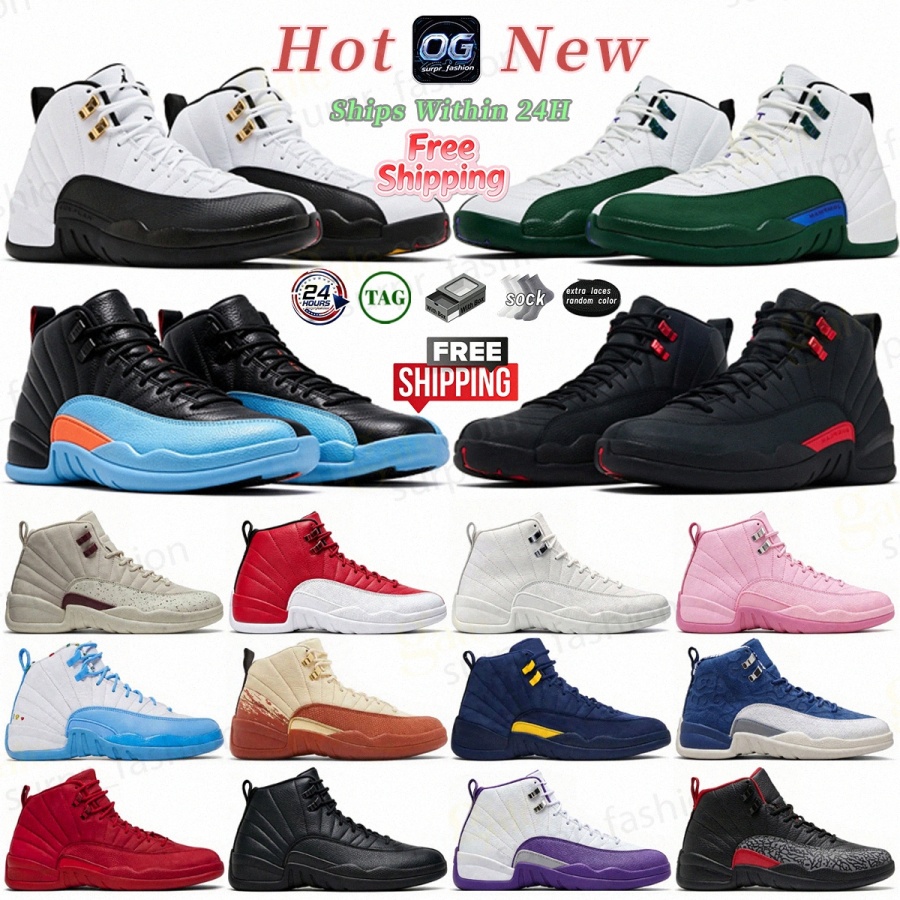 With Box 12 12s Mens Basketball Shoes Taxi Cherry Playoffs Pearl Pink Blueberry white Purple Bloodline Wolf Grey Flu Game Bucks French Barons XII Sp