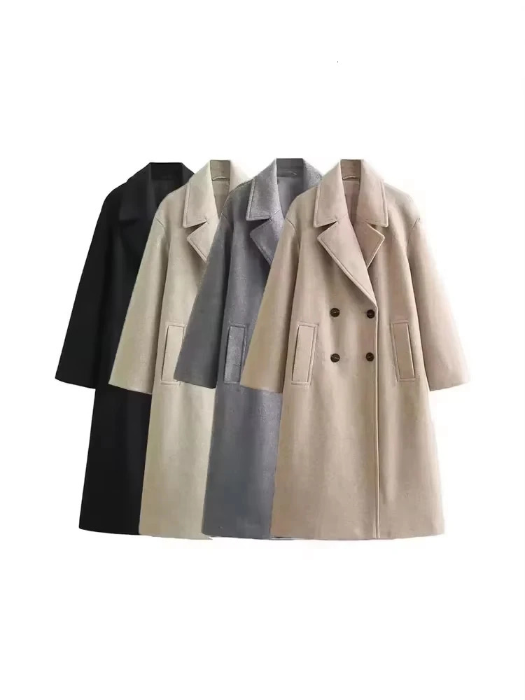 Women's Soft Loose Woolen Coat Long Sleeve Welt Pockets Oversized Female Outerwear Chic Overcoat Fashion 261016