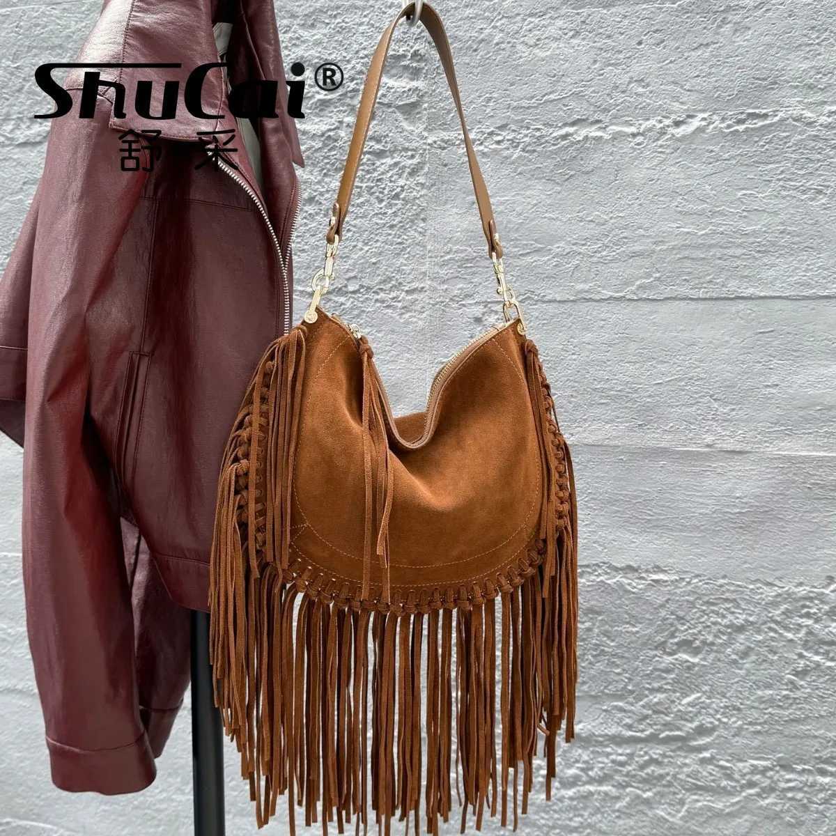 Evening Bags Genuine Grade Women's Suede Cow Leather Fringe Bag Designer Female Cowhide Shoulder Crossbody Bags for Woman H261016
