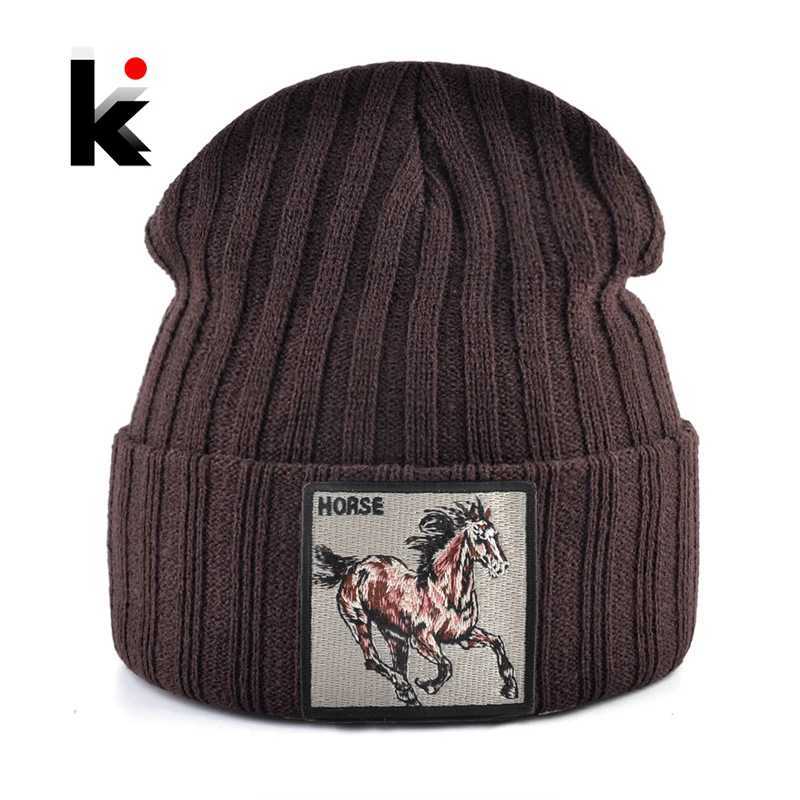 Beanie/Skull Caps New Skullies Beanies With Horse Embroidery Patch Knitted Solid Color Hats For Men Women Outdoor Streetwear Bonnet Cap Boys Hat Q26