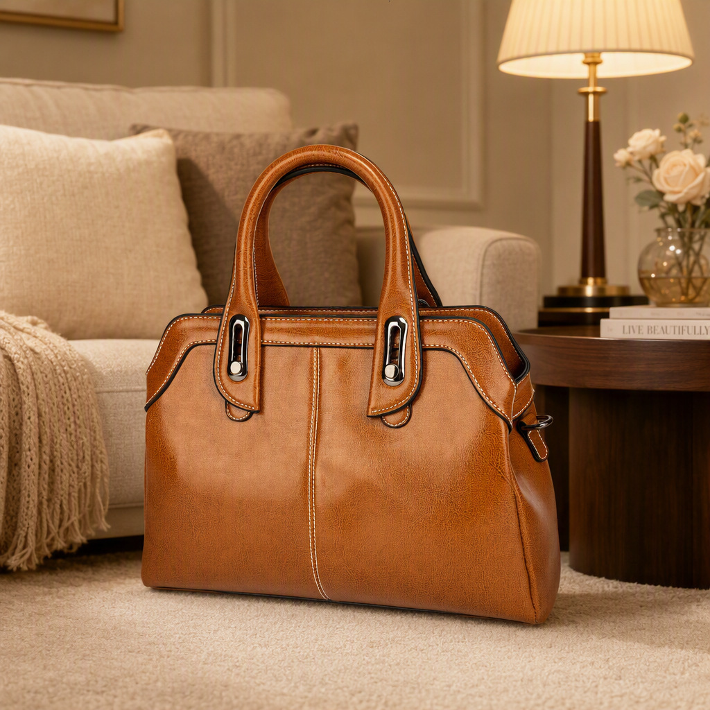 Fashionable leather handbag, large capacity, 2026 elegant, women's slanted commuting bag, retro luxury shoulder bag