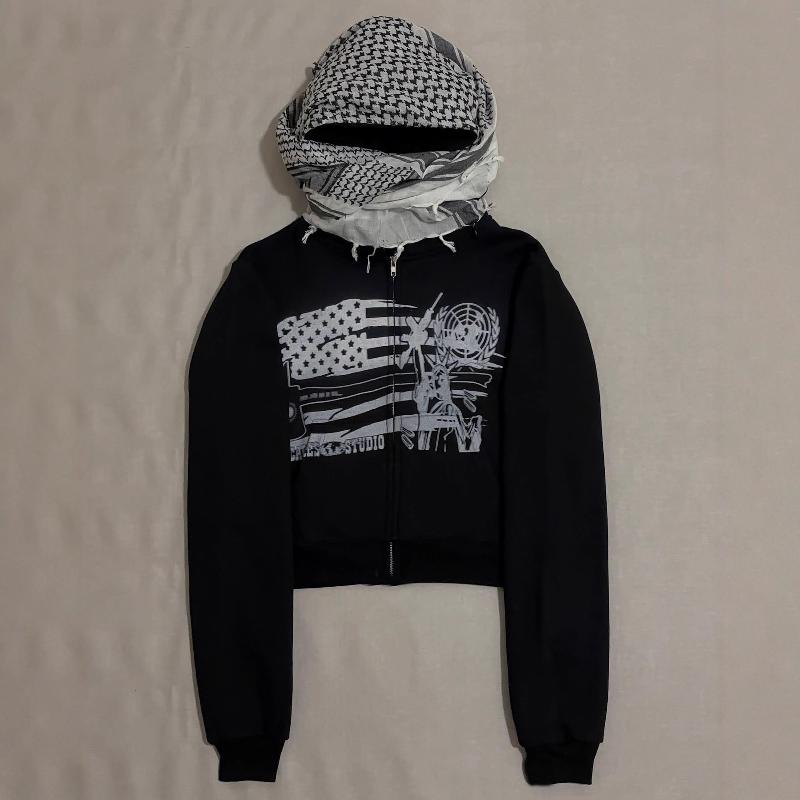 Designer High Quality Oversized Streetwear Unisex Hooded Zip Up Sweatshirt High Neck Long Sleeve Print Casual Jacket with Scarf Side Pockets Black S