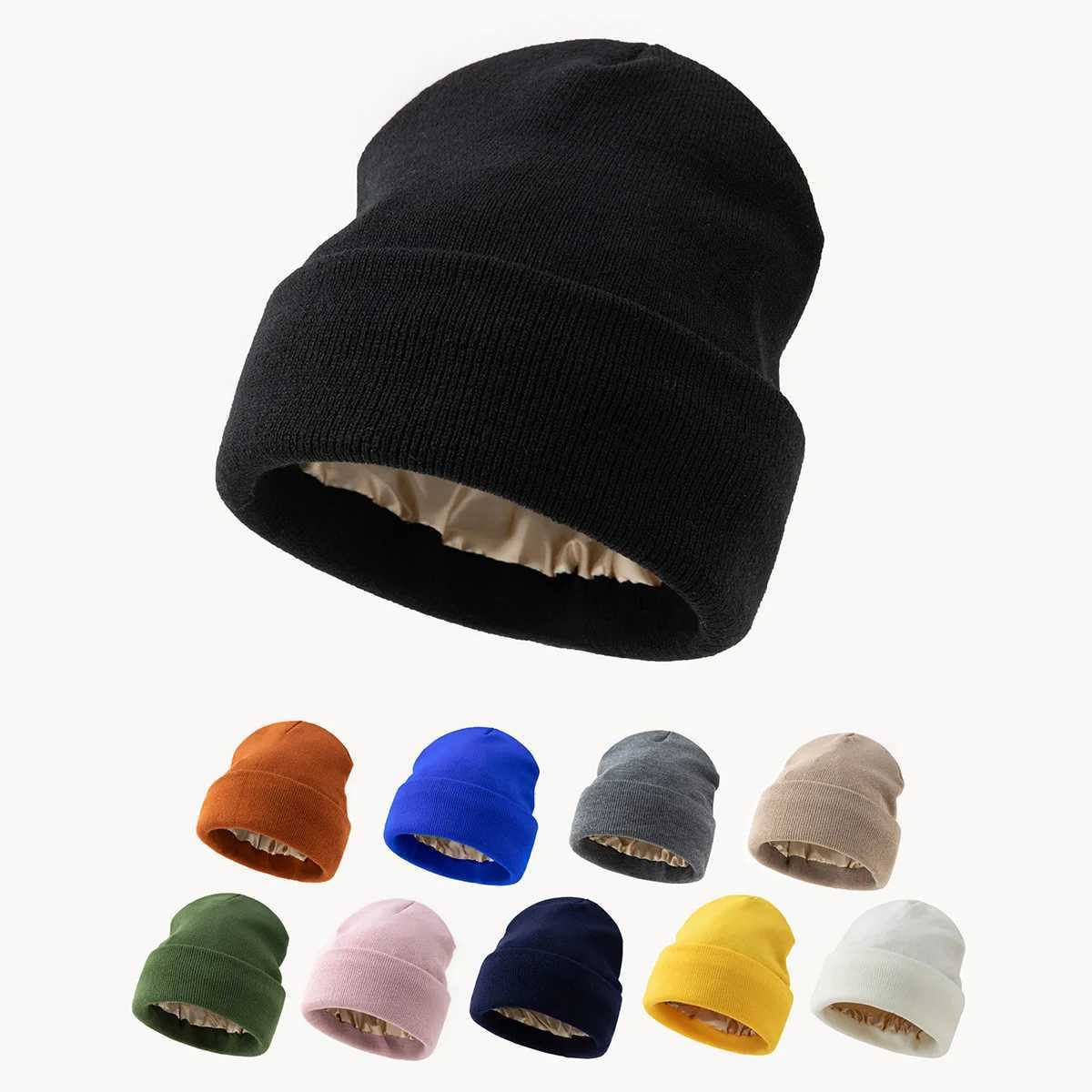 Unisex Satin Lined Knitting Beanie Hat For Women Mens Winter Silky Lining Warm Cuffed Skullies 2Layer Hair Cover Y2K HipHop Cap S2610177JSD