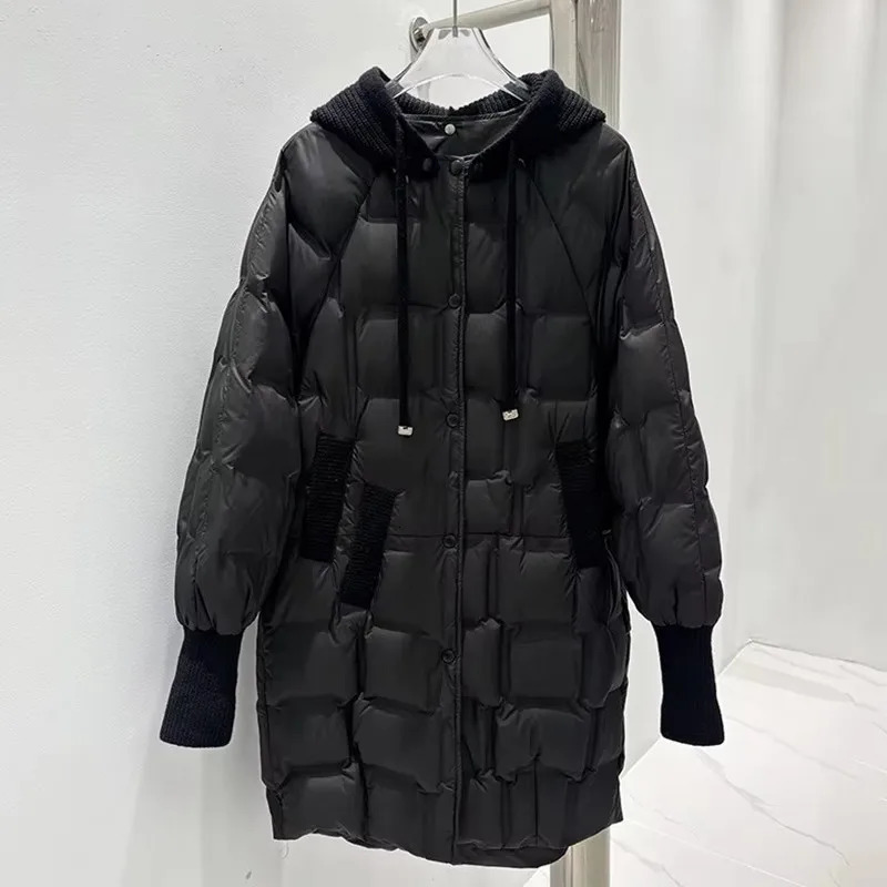 Careaymade2026 Women's Autumn Winter MidLength Puffer Jacket Warm Knitted Hat White Duck Down Coat Female Hooded 261013