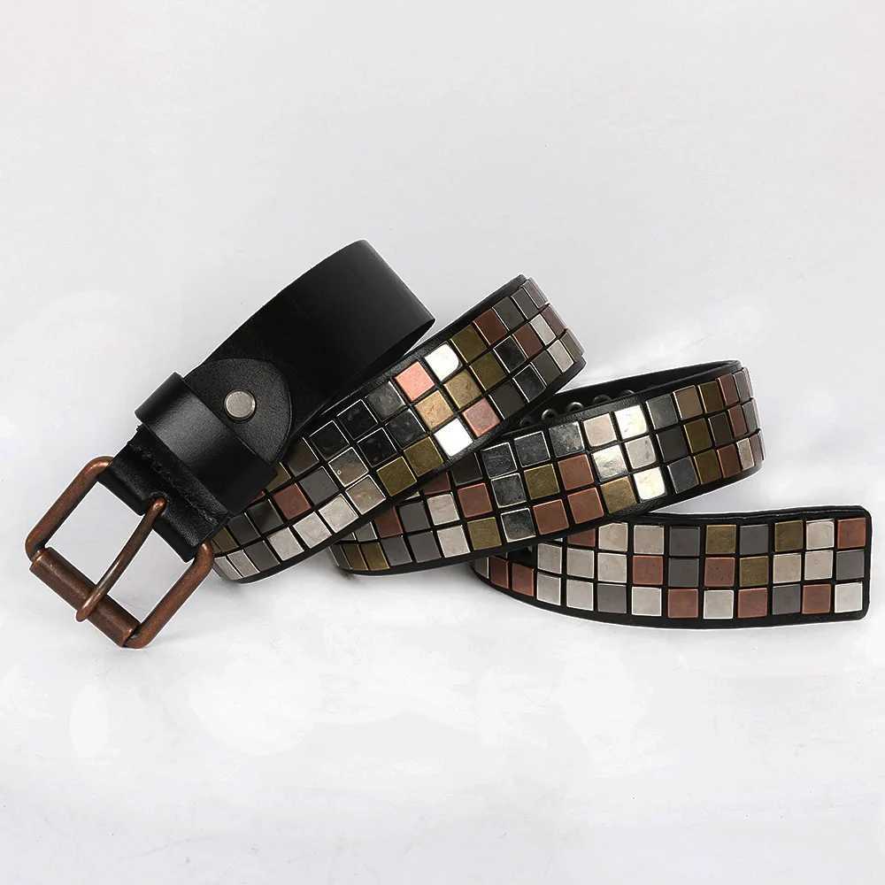 3.8cm Punk Rock Men's Square Grid Top Grain Genuine Leather Belt Kazakh Ethnic Style Unisex Retro Belts for Women S26101785JS