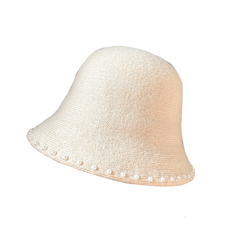 Autumn and women's pearl bucket hat, versatile Korean-style trendy Japanese winter knitted wool hat
