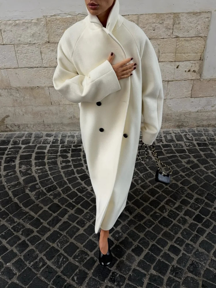 Women White Faux Woolen Overcoat Elegant Female Lapel Long Sleeve Thick Warm Outerwear Casual Loose Long Coat For Winter 261016