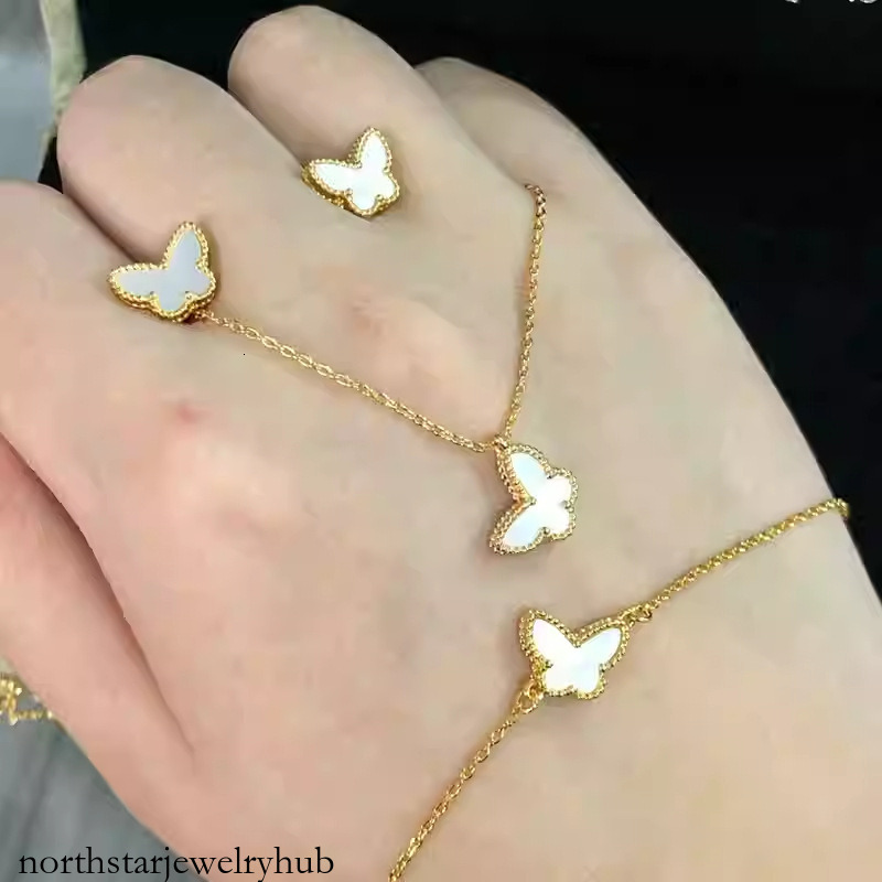 Designer Jewelry vanly Butterfly necklace, 18K gold-plated, high-quality white mother-of-pearl butterfly bracelet, earrings, and clavicle necklace