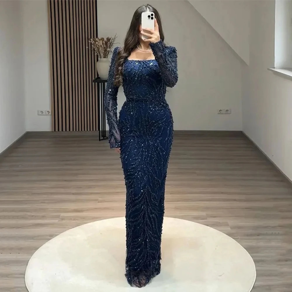 Exquisite Square Collar Evening Dress Beading Lace Straight Floor Length Custom Made Women Wedding Party Long Sleeve Gowns 261015