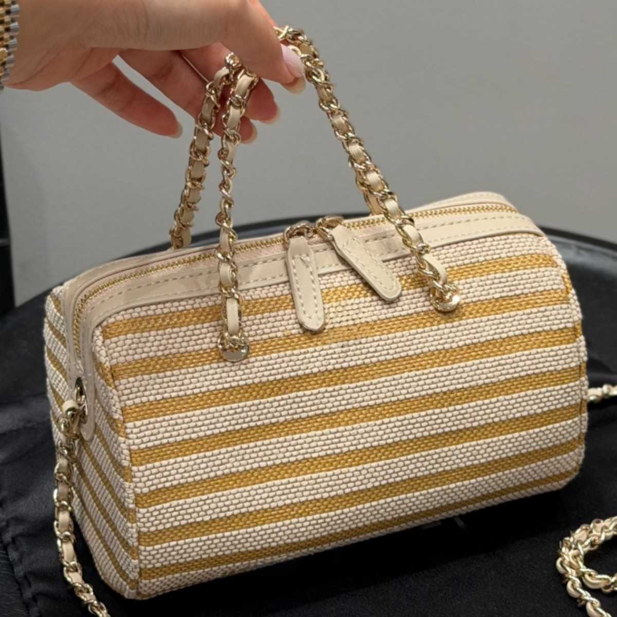 Womens Designer Striped Woven Canvas Boston Bag Chain Strap Duffle Handbag Summer Beach Shoulder Purse