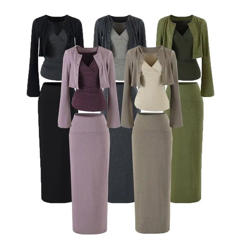 Korean style women's three piece set round neck flared sleeve cardigan inner wear pleated camisole high waist sp