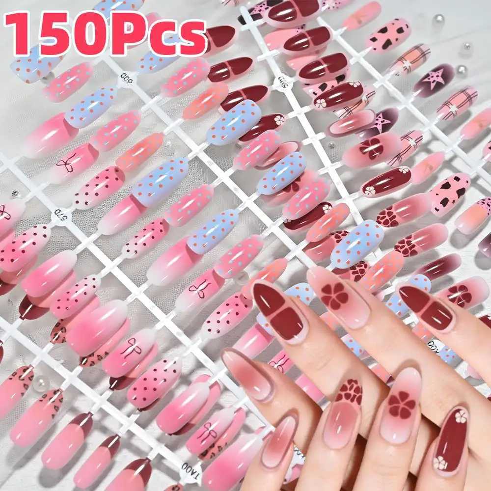 False Nails 150Pcs Pink Blue Ombre Leopard Polka Dot Fake Nails French Tips Almond Press On Nail Cute Grid Bow Flower Design Flase Fingertip Q261017