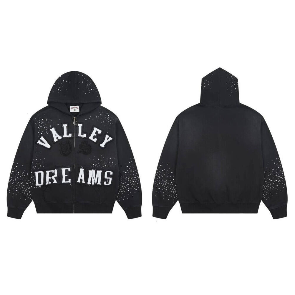 Valleymen Hoodie Vintage Graphic Zip Up Designer For Men Women Unisex Washed Black White Pullover Loose Cotton Sweatshirts Retro Print Vallshirt Jac