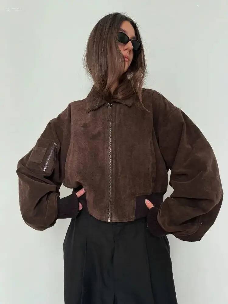 Women's Jackets Women Brown Short Suede Bomber Jacket Lapel Long Sleeve Zipper Pocket Cropped Coat Autumn Lady Fashion High Street Outwear