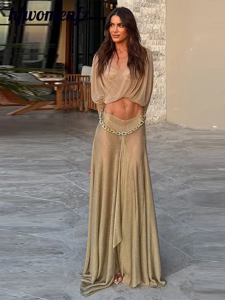 Sexy Women's Solid Top Long Skirt Set V-neck Batwing Full Sleeve Cross Crop Tops Chain Slit Skirts 2026 Summer Lady Beach Suit 261015