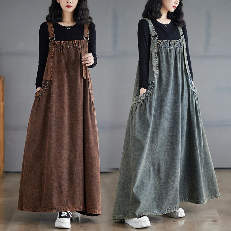 Retro Crtsmanip Loose Fit Slimming Denim Overalls Long Skirt Dr Spring Summer Autumn Winter A-Line Straight Cut Gown 261015