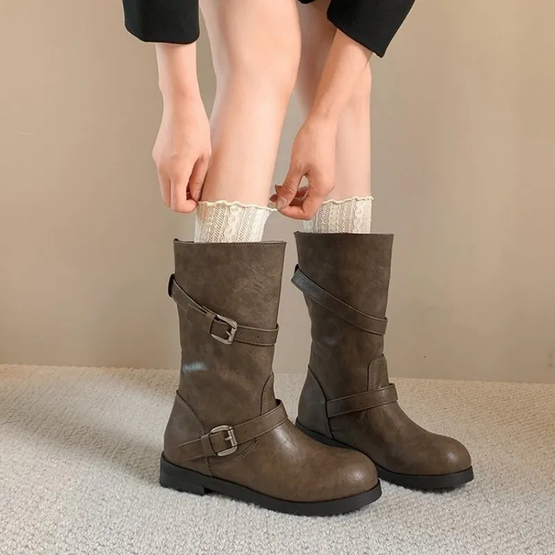 Fall/Winter Women's Round-Toe Flat Bottom Mid-Calf Cavalier Boots-With Belt Buckle-Korean Retro Ankle Boots-Fashion Street Style 261013