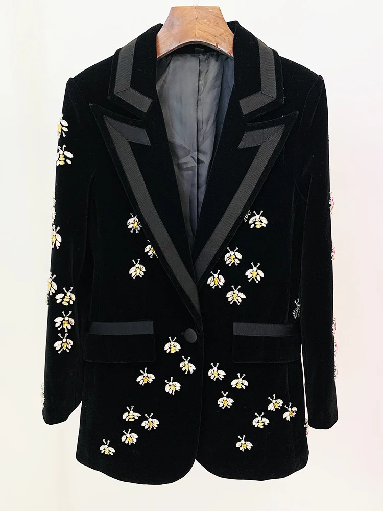 HIGH STREET est 2026 FW ner Jacket Women's Single Button Stunning Diamonds Beaded Bee Velvet Long Blazer 261015