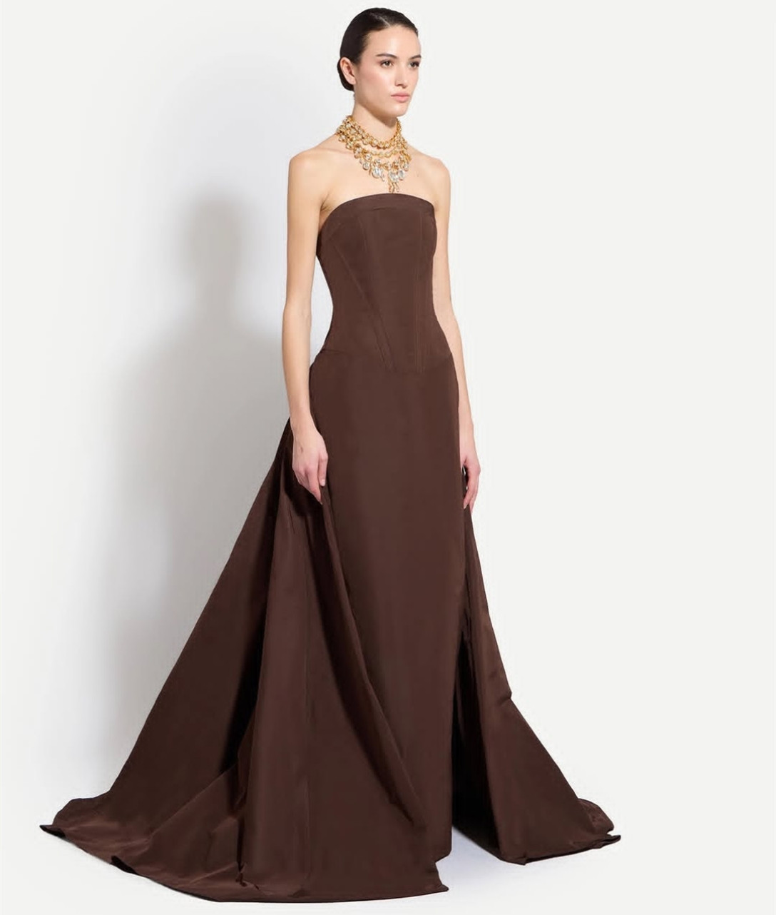Elegant Long Brown Taffeta Evening Dresses with Slit Mermaid Strapless Lace Up Back Sweep Train Formal Occasion Prom Party Gowns for Women