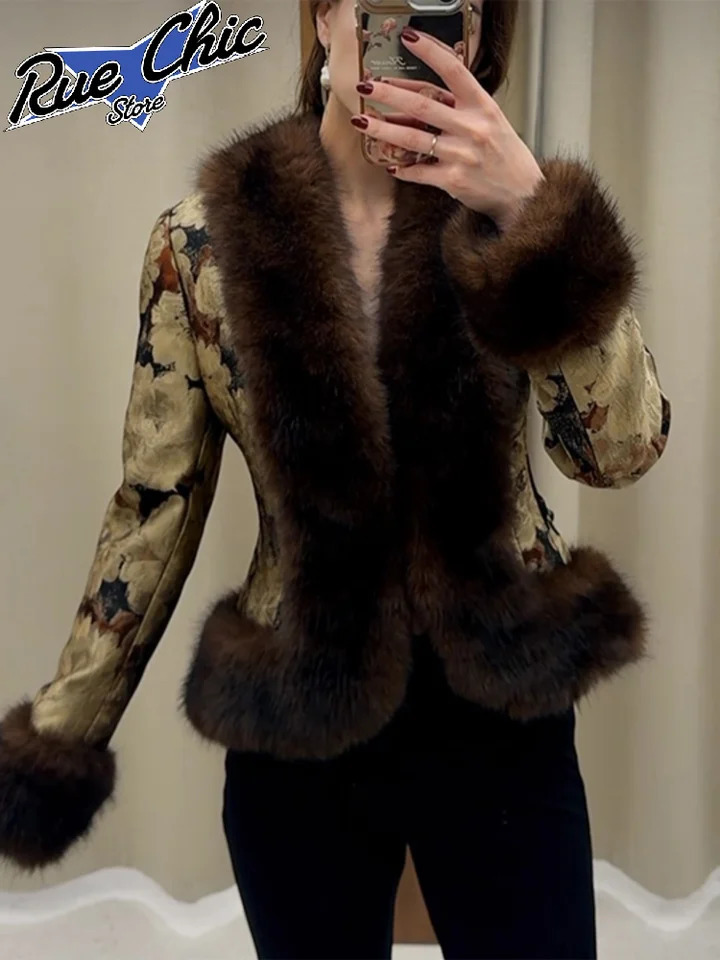 Floral Jacquard Faux Fur Trim Coat Women V Neck Single Button Full Sleeve Furry Cuff Jacket Lady Vintage Winter Warm Party Coats 261016