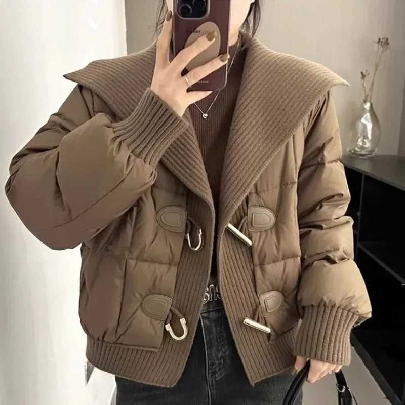 Women's Down Parkas New Women's Down Cotton Jacket 2025 Knitting Splicing Fashion Ladies Winter Parka Coat Korean Version Lapel Female Out