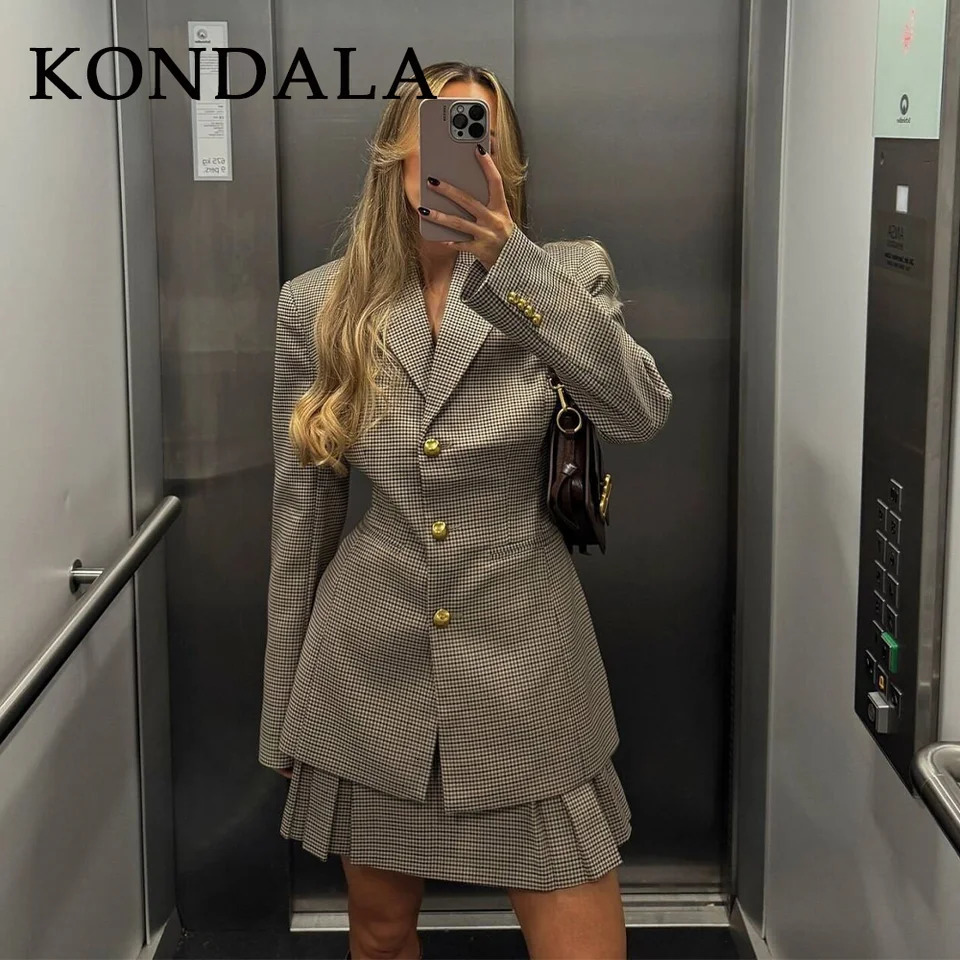 KONDALA 2025 Fall Winter Office Lady Houndstooth Women Blazer Fashion Vintage Single Breasted Elegant Shrug Button 261015