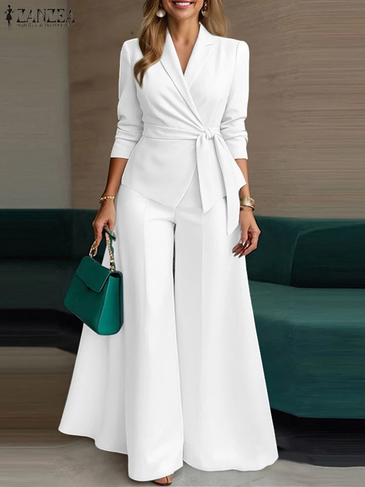 ZANZEA Elegant 2 Pieces Pant Sets Long Sleeve Belted Lightweight Blazer Wide Leg 2pcs Suits Office Lady Commuting 261013